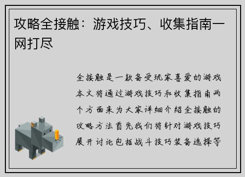 攻略全接触：游戏技巧、收集指南一网打尽